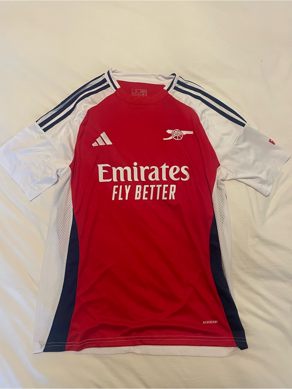 Adidas Red and White Arsenal Football Jersey with navy accents.